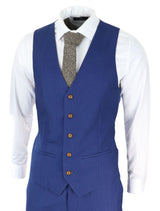 Terno masculino azul royal de 3 peças com detalhes em marrom, estampa clássica olho de pássaro vintage, ideal para casamento e noivo.