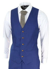 Terno masculino azul royal de 3 peças com detalhes em marrom, estampa clássica olho de pássaro vintage, ideal para casamento e noivo.