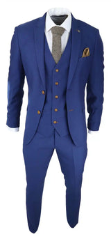 Terno masculino azul royal de 3 peças com detalhes em marrom, estampa clássica olho de pássaro vintage, ideal para casamento e noivo.