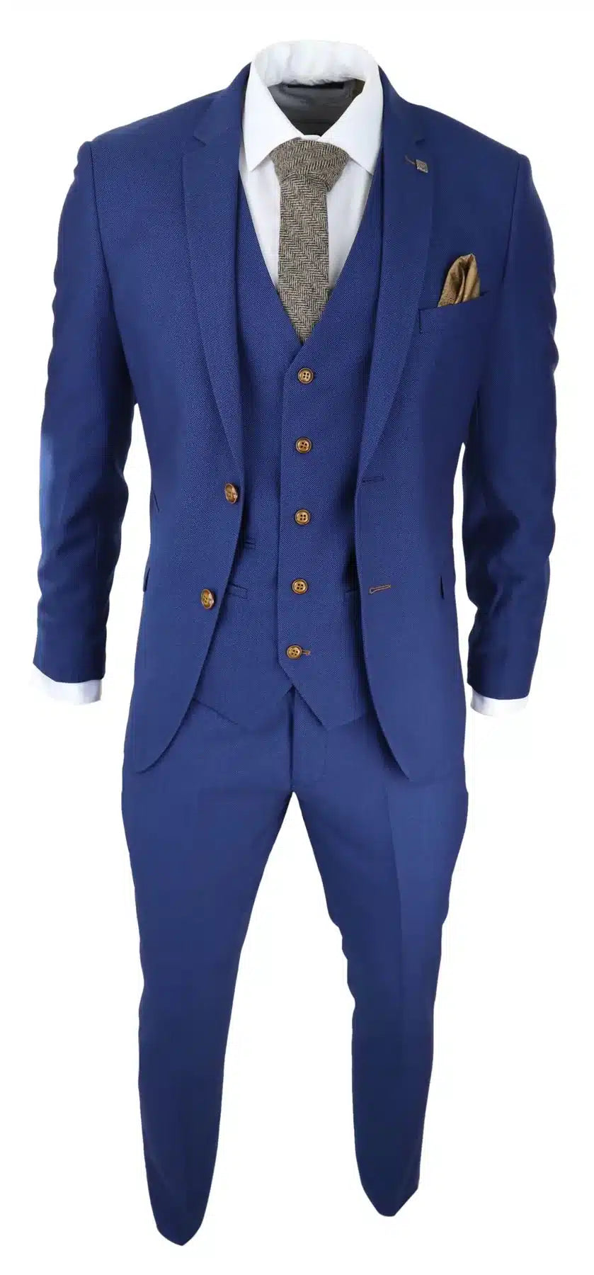 Terno masculino azul royal de 3 peças com detalhes em marrom, estampa clássica olho de pássaro vintage, ideal para casamento e noivo.