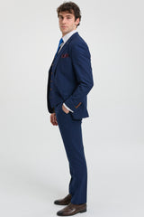 Terno masculino azul-marinho de 3 peças com detalhes em marrom, estampa clássica olho de pássaro vintage, ideal para casamento e noivo.