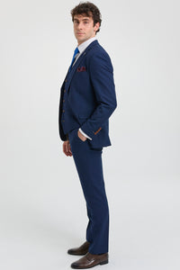 Terno masculino azul-marinho de 3 peças com detalhes em marrom, estampa clássica olho de pássaro vintage, ideal para casamento e noivo.