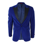 Smoking masculino azul royal de veludo com lapelas de cetim para jantar, casamento, formatura e traje de gala.