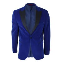 Smoking masculino azul royal de veludo com lapelas de cetim para jantar, casamento, formatura e traje de gala.