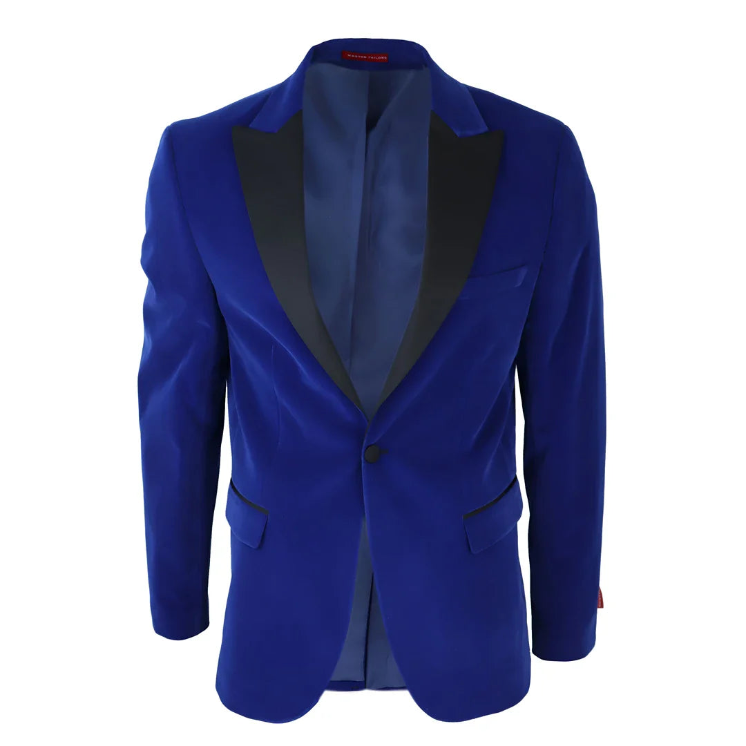 Smoking masculino azul royal de veludo com lapelas de cetim para jantar, casamento, formatura e traje de gala.