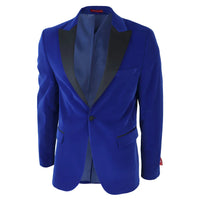 Smoking masculino azul royal de veludo com lapelas de cetim para jantar, casamento, formatura e traje de gala.