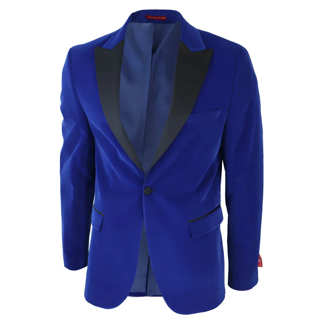 Smoking masculino azul royal de veludo com lapelas de cetim para jantar, casamento, formatura e traje de gala.