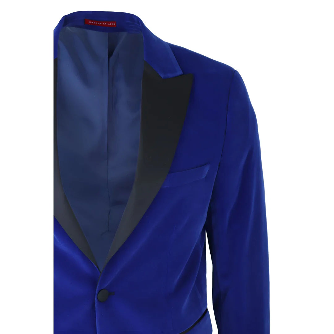 Smoking masculino azul royal de veludo com lapelas de cetim para jantar, casamento, formatura e traje de gala.