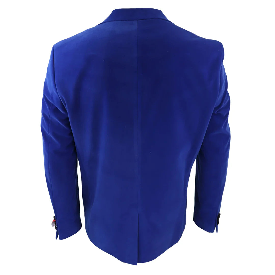 Smoking masculino azul royal de veludo com lapelas de cetim para jantar, casamento, formatura e traje de gala.