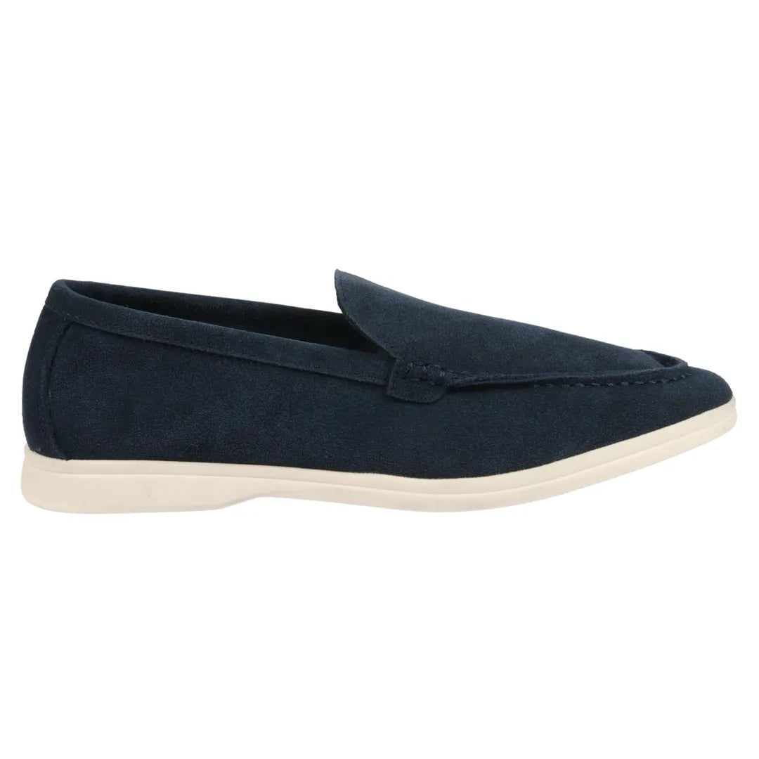 Mocassins masculinos de camurça azul-marinho, modelo slip-on, confortáveis.