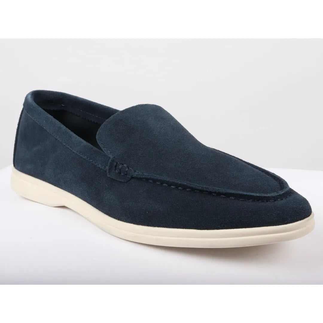 Mocassins masculinos de camurça azul-marinho, modelo slip-on, confortáveis.