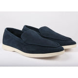 Mocassins masculinos de camurça azul-marinho, modelo slip-on, confortáveis.
