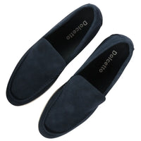 Mocassins masculinos de camurça azul-marinho, modelo slip-on, confortáveis.