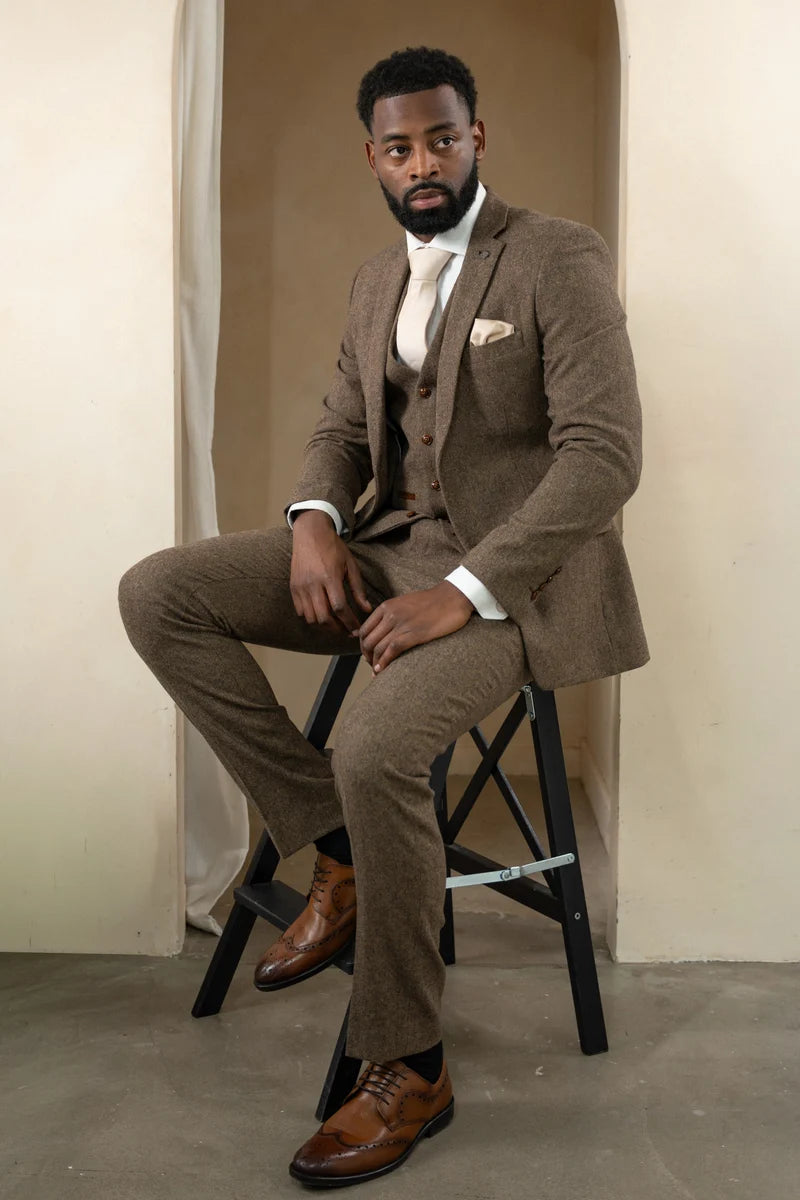 Oscar - Terno masculino de 3 peças em tweed marrom com mistura de lã