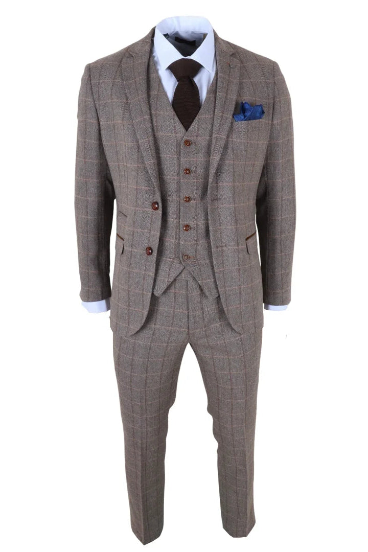 Harris - Terno masculino marrom de tweed com estampa espinha de peixe, 3 peças