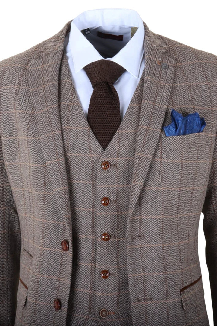 Harris - Terno masculino marrom de tweed com estampa espinha de peixe, 3 peças