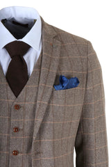 Harris - Terno masculino marrom de tweed com estampa espinha de peixe, 3 peças