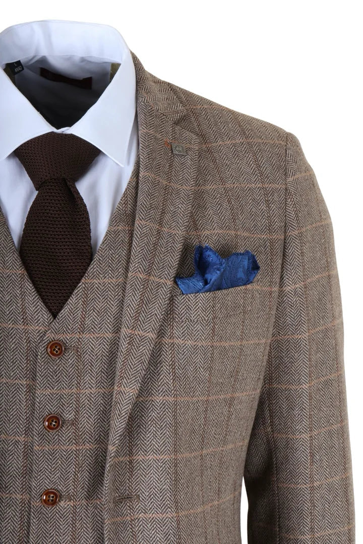 Harris - Terno masculino marrom de tweed com estampa espinha de peixe, 3 peças