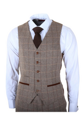 Harris - Terno masculino marrom de tweed com estampa espinha de peixe, 3 peças