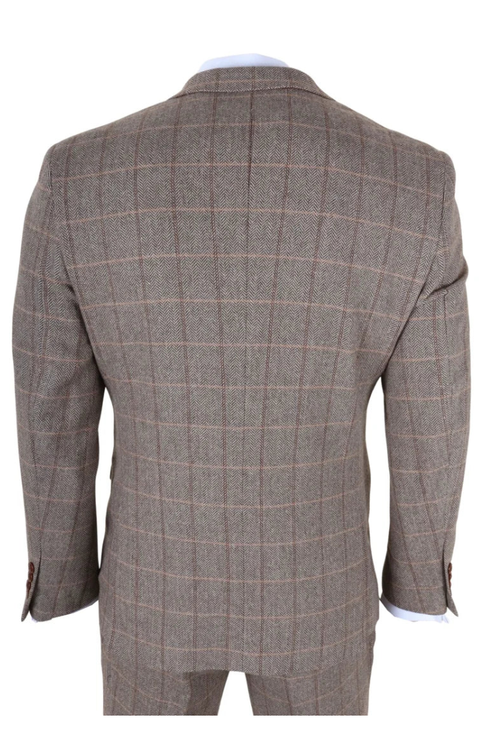 Harris - Terno masculino marrom de tweed com estampa espinha de peixe, 3 peças