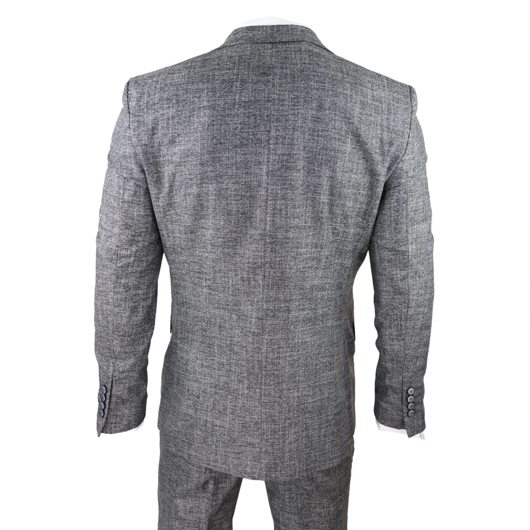 Terno masculino de 3 peças cinza e preto texturizado, corte sob medida, ideal para casamento, formatura, festa e ocasiões formais.