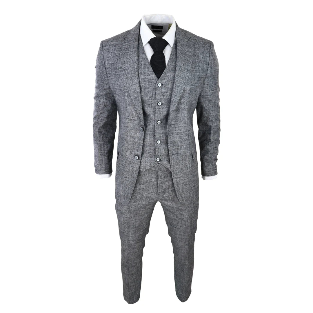 Terno masculino de 3 peças cinza e preto texturizado, corte sob medida, ideal para casamento, formatura, festa e ocasiões formais.