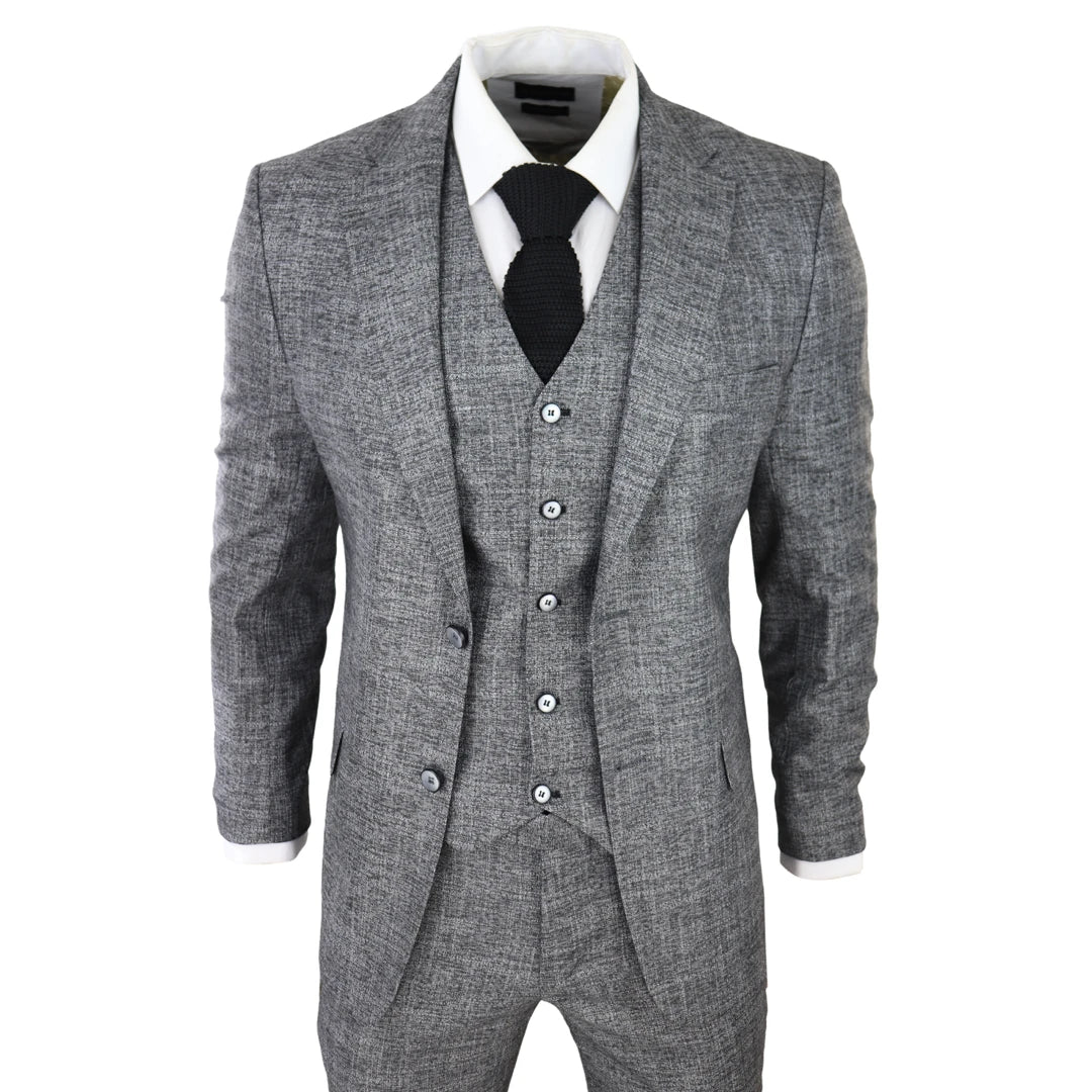 Terno masculino de 3 peças cinza e preto texturizado, corte sob medida, ideal para casamento, formatura, festa e ocasiões formais.