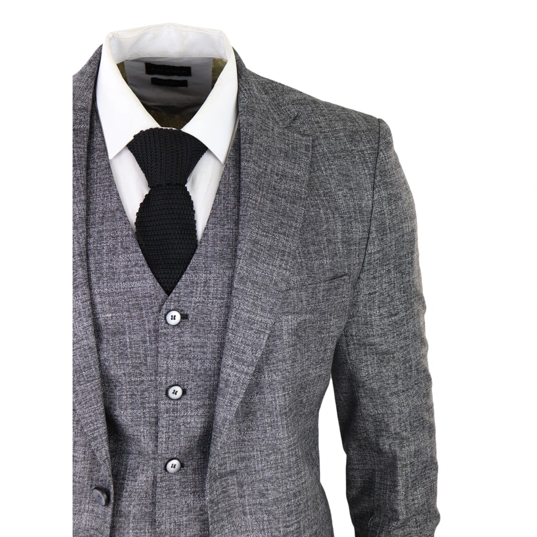 Terno masculino de 3 peças cinza e preto texturizado, corte sob medida, ideal para casamento, formatura, festa e ocasiões formais.