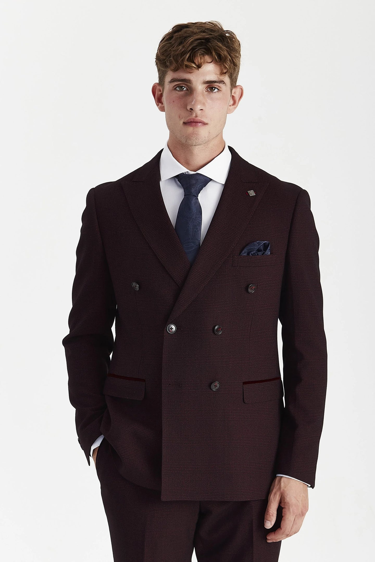 Regent - Terno masculino de duas peças, cor bordô, com abotoamento duplo.