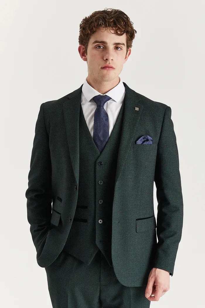 Regent - Terno masculino verde de 3 peças com estampa Príncipe de Gales