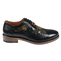 Ross - Sapatos Brogue Masculinos em Couro Preto com Estampa Floral