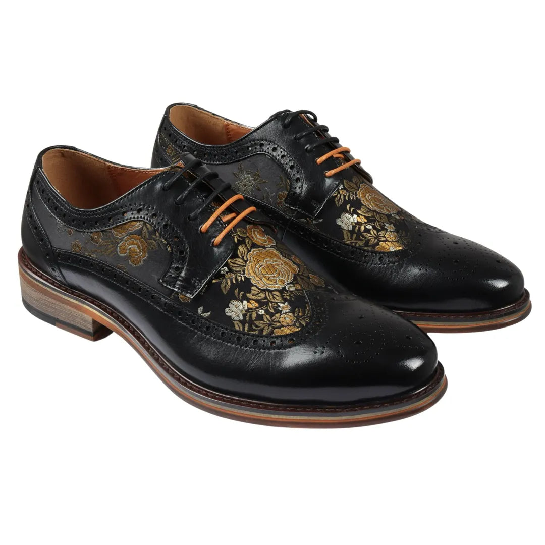 Ross - Sapatos Brogue Masculinos em Couro Preto com Estampa Floral