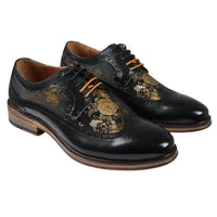 Ross - Sapatos Brogue Masculinos em Couro Preto com Estampa Floral