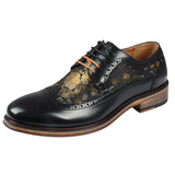 Ross - Sapatos Brogue Masculinos em Couro Preto com Estampa Floral