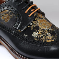 Ross - Sapatos Brogue Masculinos em Couro Preto com Estampa Floral