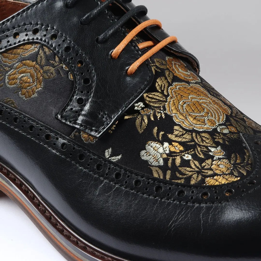 Ross - Sapatos Brogue Masculinos em Couro Preto com Estampa Floral