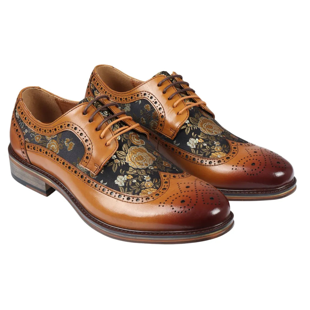 Ross - Sapatos Brogue Masculinos em Couro Marrom com Estampa Floral