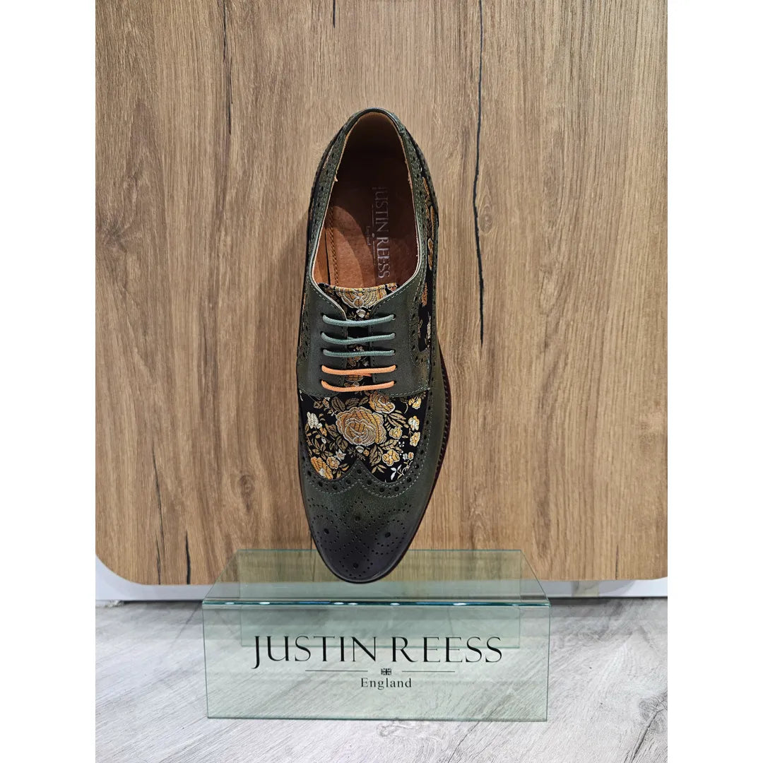 Ross - Sapatos Brogue de Couro Verde com Estampa Floral para Homens