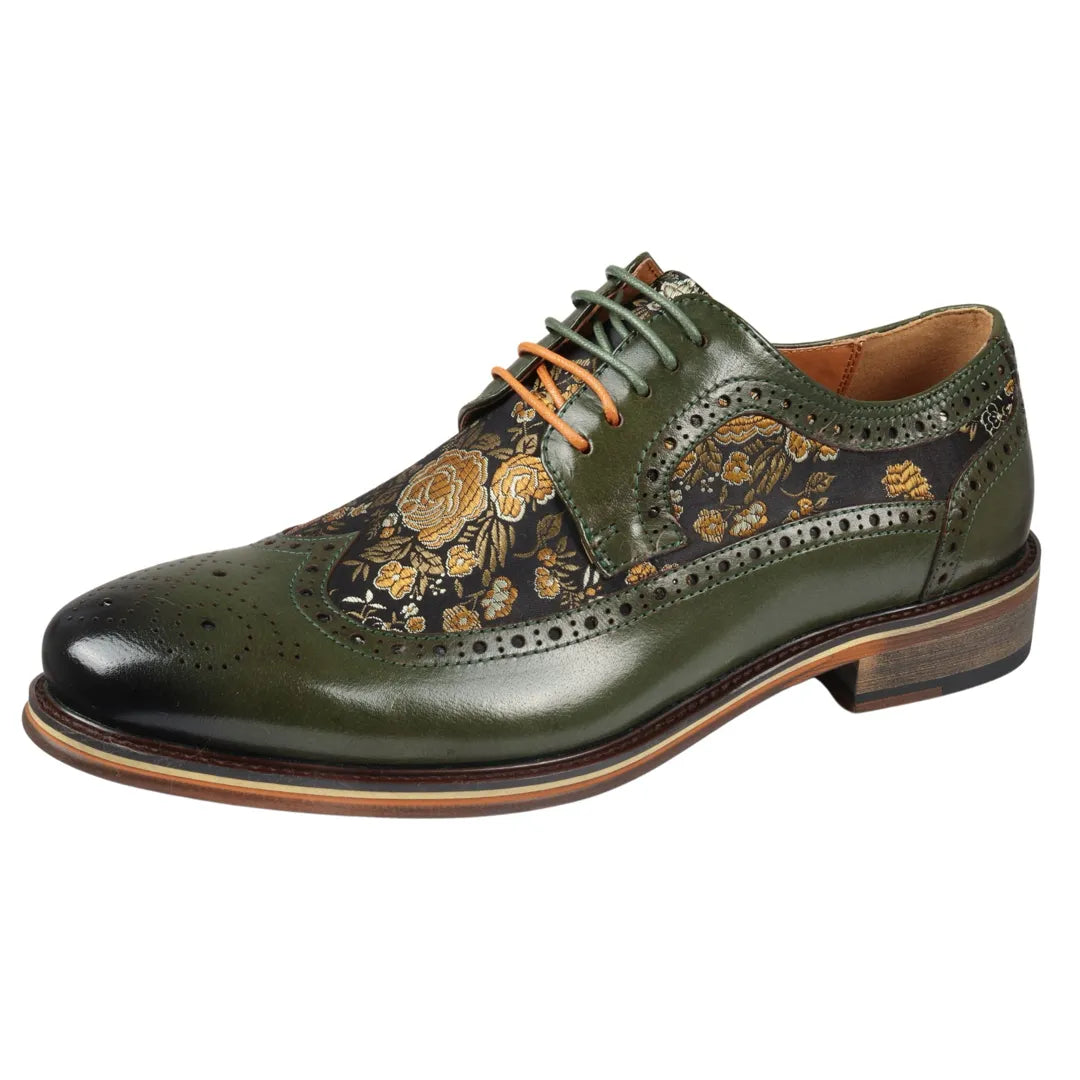 Ross - Sapatos Brogue de Couro Verde com Estampa Floral para Homens