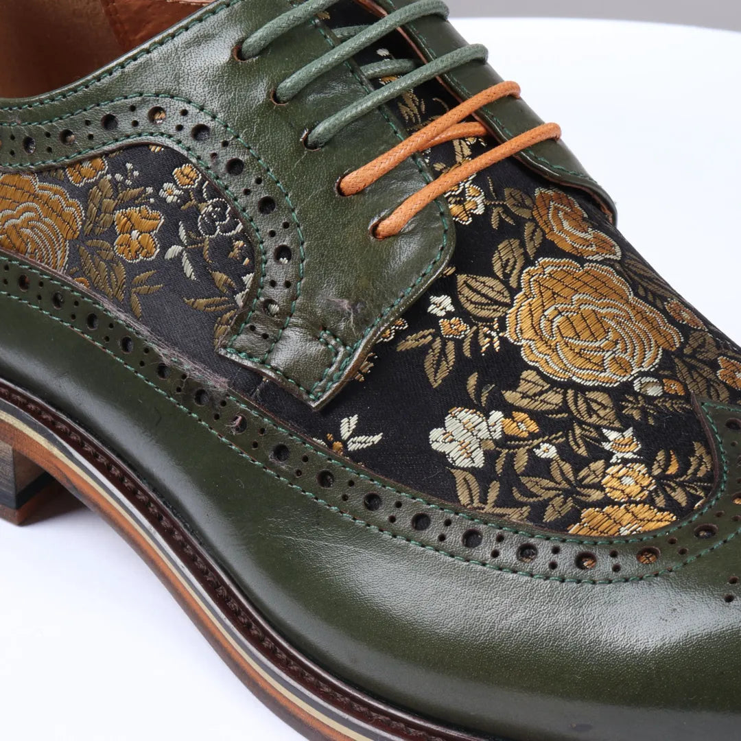 Ross - Sapatos Brogue de Couro Verde com Estampa Floral para Homens