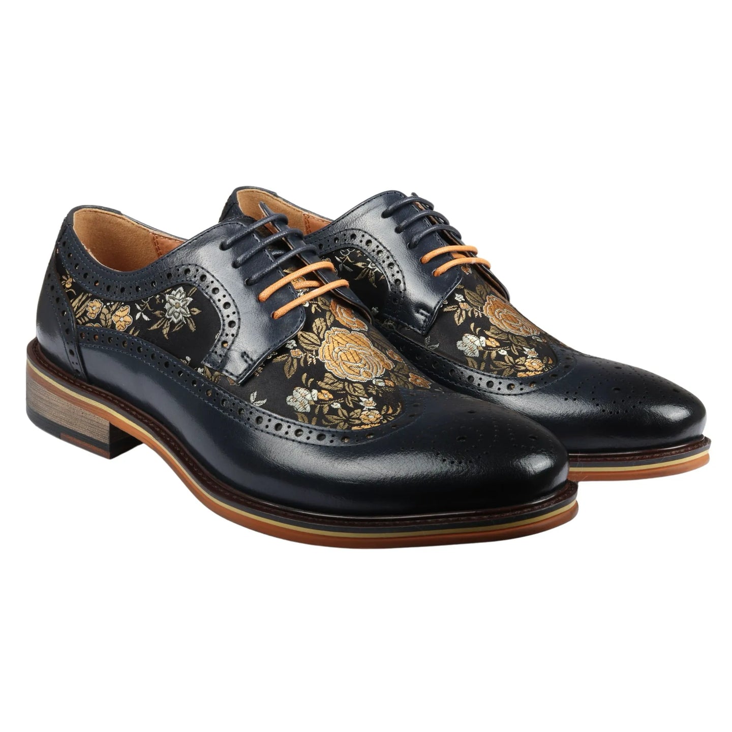 Ross - Sapatos Brogue Masculinos de Couro Azul Marinho com Estampa Floral