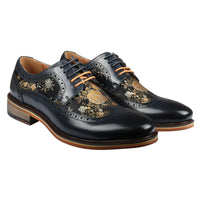Ross - Sapatos Brogue Masculinos de Couro Azul Marinho com Estampa Floral