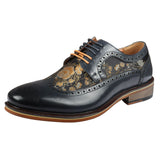 Ross - Sapatos Brogue Masculinos de Couro Azul Marinho com Estampa Floral