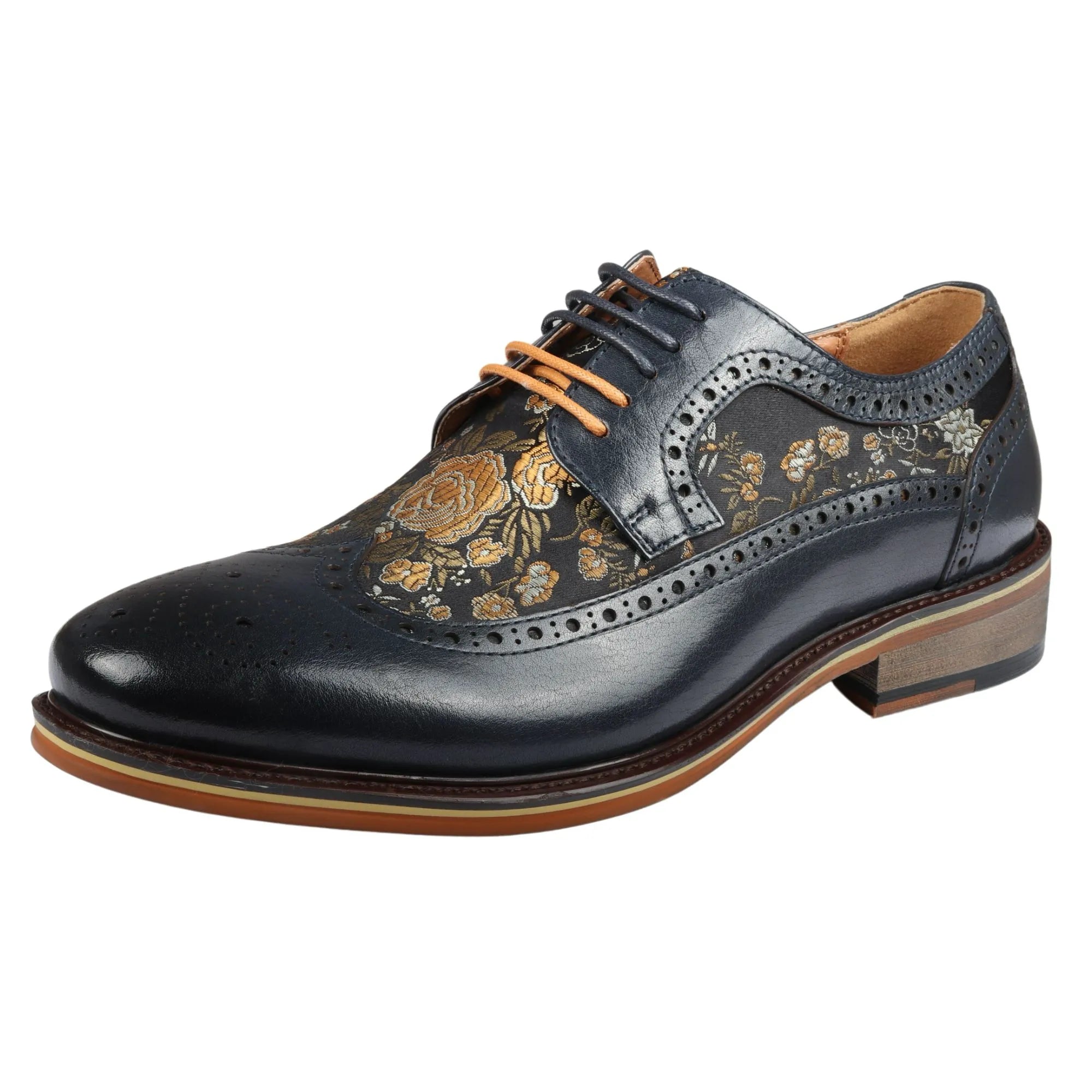 Ross - Sapatos Brogue Masculinos de Couro Azul Marinho com Estampa Floral