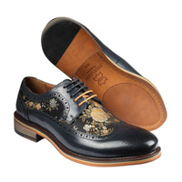 Ross - Sapatos Brogue Masculinos de Couro Azul Marinho com Estampa Floral