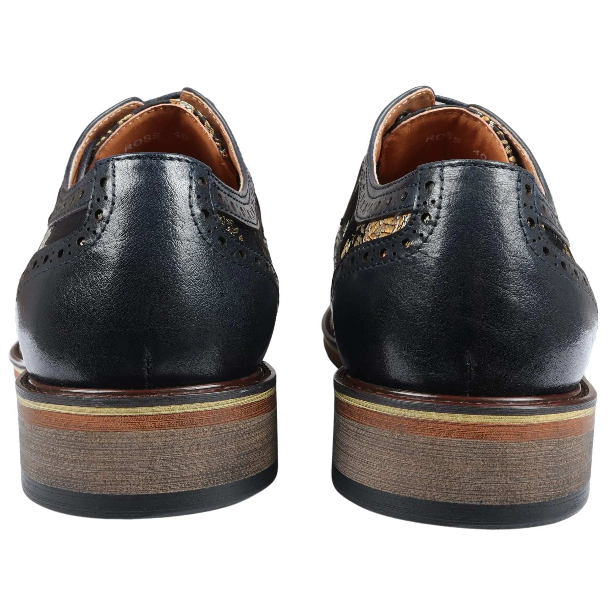 Ross - Sapatos Brogue Masculinos de Couro Azul Marinho com Estampa Floral