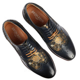 Ross - Sapatos Brogue Masculinos de Couro Azul Marinho com Estampa Floral
