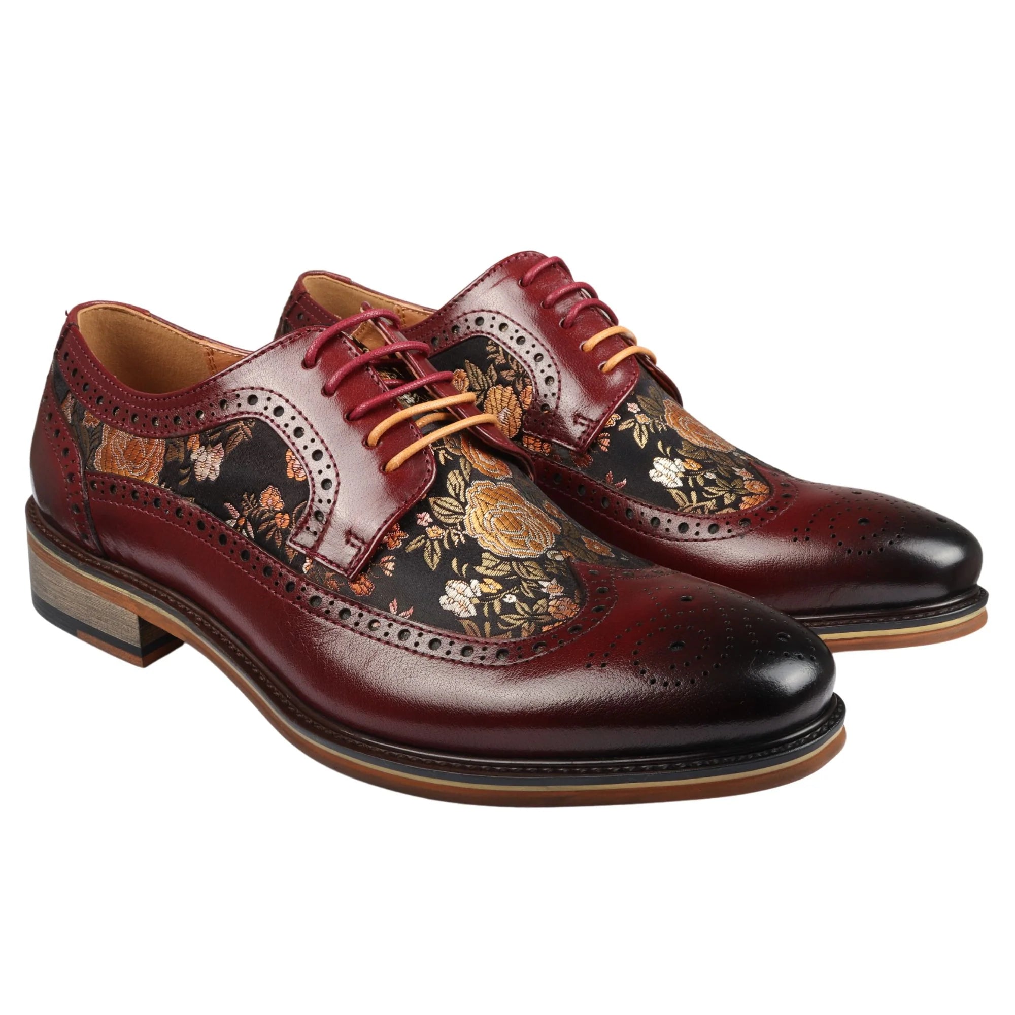 Ross - Sapatos Brogue Masculinos em Couro Vermelho com Estampa Floral