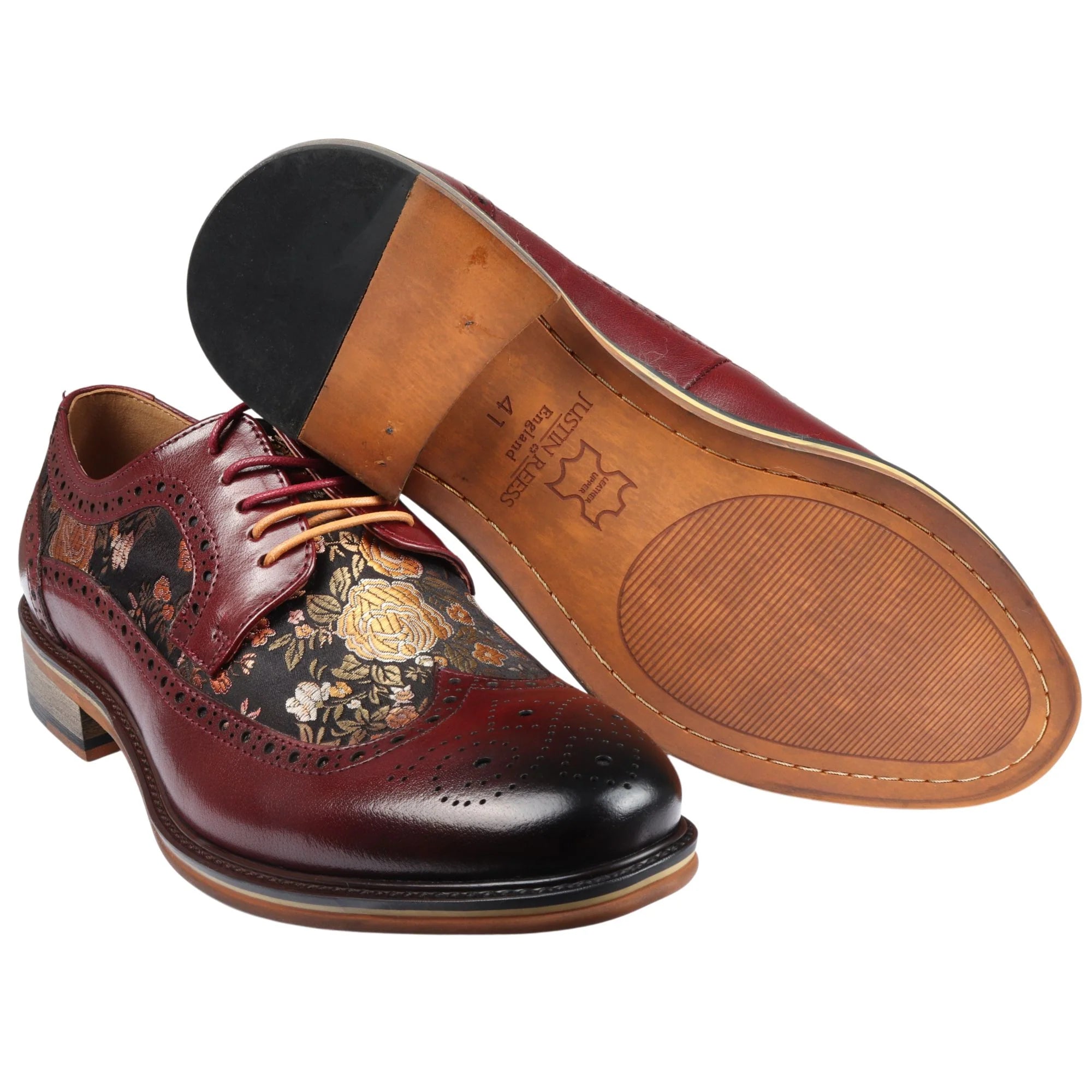 Ross - Sapatos Brogue Masculinos em Couro Vermelho com Estampa Floral