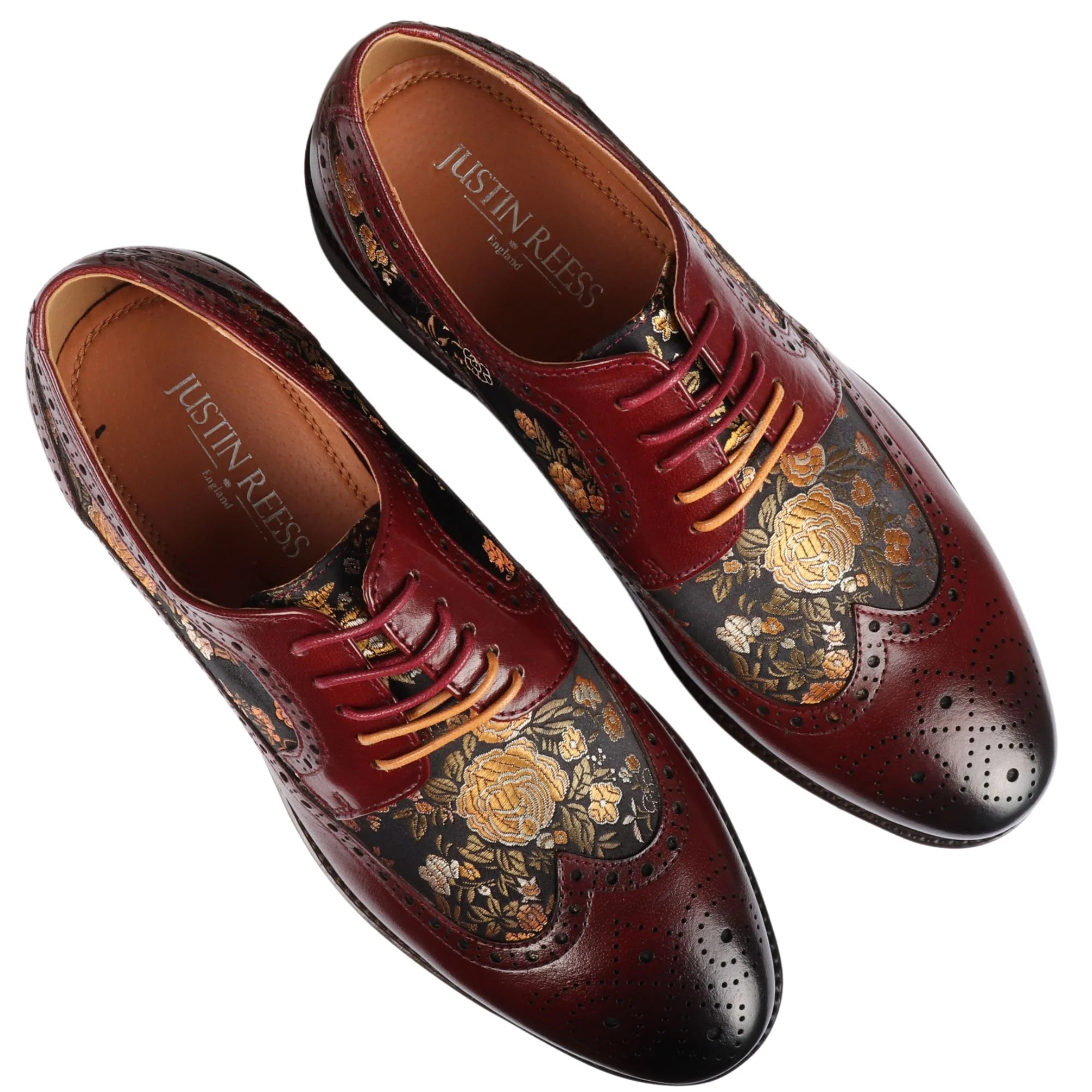 Ross - Sapatos Brogue Masculinos em Couro Vermelho com Estampa Floral